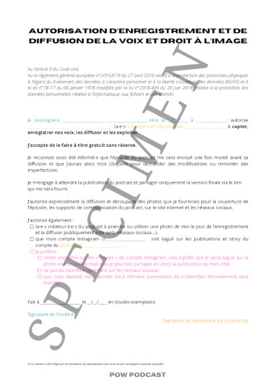 Podcast - Modèle d'autorisation d’enregistrement et de diffusion de la voix et droit à l’image